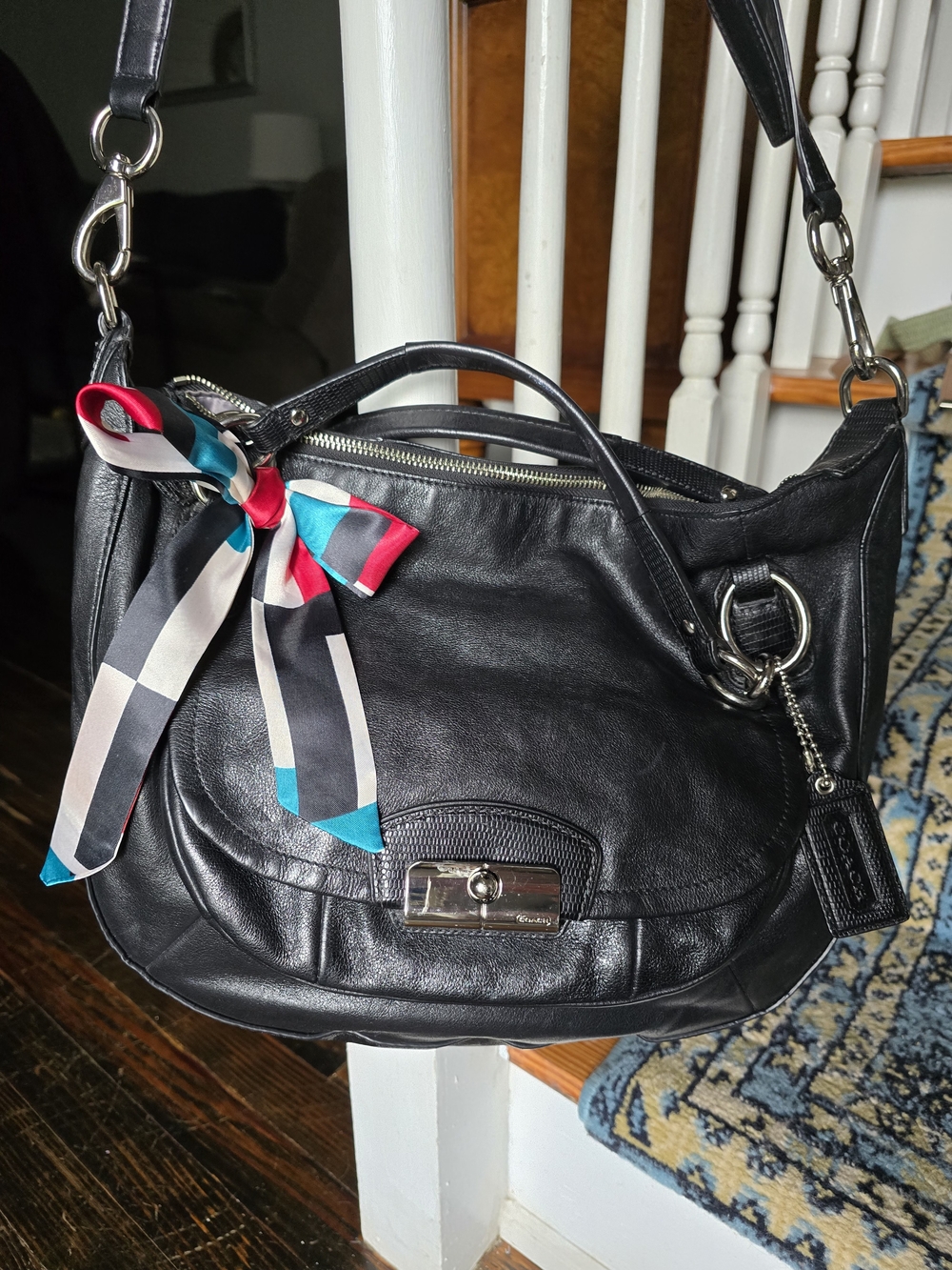 Coach Kristin Black Leather Women's Shoulder Bag with Accent Scarf